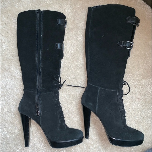 EUC black suede Guess heeled boots (zip/buckle up) - Picture 2 of 4